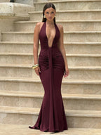 Deep V Neck Halter Ruched Bodycon Floor Length Mermaid Gown For Women 2026