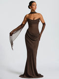 Ruched Waist Slim Fit Mermaid Maxi Prom Dress With Scarf For Women 2026