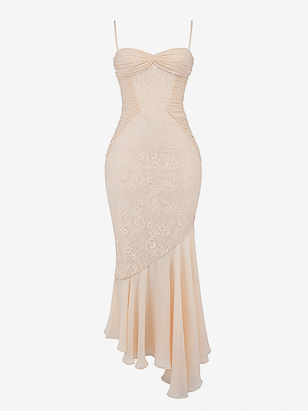 Lace Patchwork Ruched Cami Bodycon Mermaid Maxi Dress For Women 2026