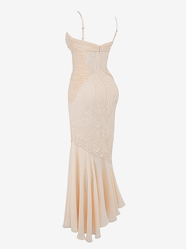 Lace Patchwork Ruched Cami Bodycon Mermaid Maxi Dress For Women 2026