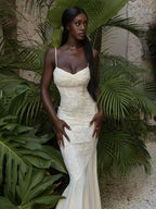 Lace Patchwork Ruched Cami Bodycon Mermaid Maxi Dress For Women 2026