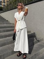 V Neck Wrap Top And High Waist Long Skirt Two Piece Set For Women 2026