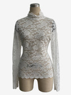 High Neck Floral Lace Long Sleeve Sheer Slim Fit Top For Women 2026