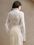 High Neck Floral Lace Long Sleeve Sheer Slim Fit Top For Women 2026