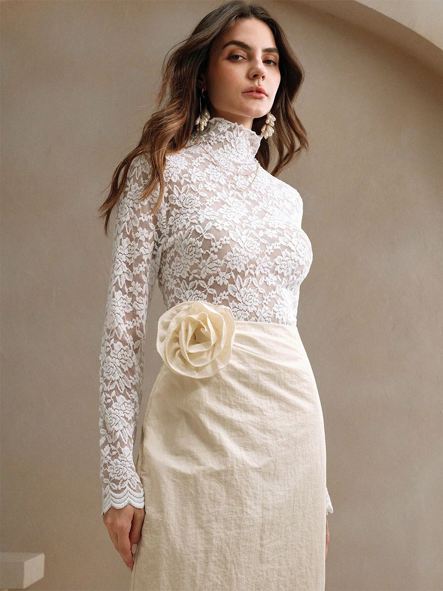 High Neck Floral Lace Long Sleeve Sheer Slim Fit Top For Women 2026