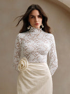 High Neck Floral Lace Long Sleeve Sheer Slim Fit Top For Women 2026