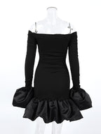 Off Shoulder Puff Hem Ruched Long Sleeve Bodycon Mini Dress For Women 2026