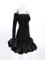 Off Shoulder Puff Hem Ruched Long Sleeve Bodycon Mini Dress For Women 2026