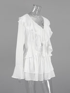 Ruffle Trim V-Neck Flare Sleeve Tops And Smocked Waist Mini Skirt Two Piece Set 2026