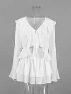 Ruffle Trim V-Neck Flare Sleeve Tops And Smocked Waist Mini Skirt Two Piece Set 2026