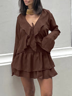 Ruffle Trim V-Neck Flare Sleeve Tops And Smocked Waist Mini Skirt Two Piece Set 2026
