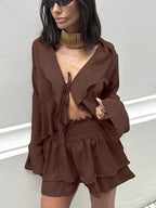 Ruffle Trim V-Neck Flare Sleeve Tops And Smocked Waist Mini Skirt Two Piece Set 2026
