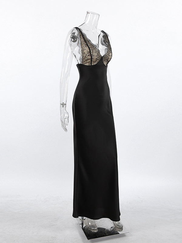 Elegant Lace V-Neck Slim Fit Slip Summer Long Dress For Women 2026