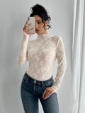 Transparent Mesh Long Sleeve Top With Allover Bow Jacquard For Women 2026