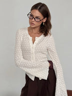 Knitted Hollow Out Slim Cardigan Top With Flare Sleeves For Women 2026