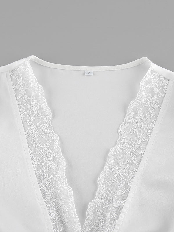 Satin Lace Trim V-Neck Tie Front Top And Mini Skirt 2-piece Set For Women 2026
