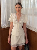 Satin Lace Trim V-Neck Tie Front Top And Mini Skirt 2-piece Set For Women 2026