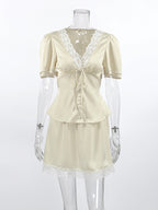 Satin Lace Trim V-Neck Tie Front Top And Mini Skirt 2-piece Set For Women 2026