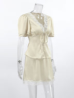 Satin Lace Trim V-Neck Tie Front Top And Mini Skirt 2-piece Set For Women 2026
