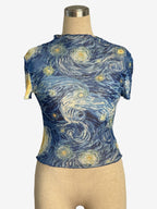 Starry Night Oil Painting Print Mock Neck Mesh Short Sleeve Top For Women 2026