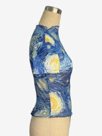 Starry Night Oil Painting Print Mock Neck Mesh Short Sleeve Top For Women 2026
