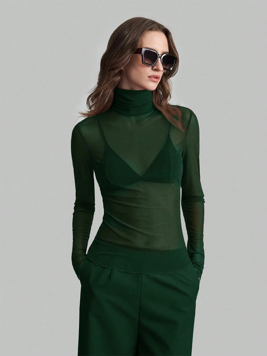 High Neck Long Sleeve Mesh Base Layer Top With Lettuce Edge For Women 2026