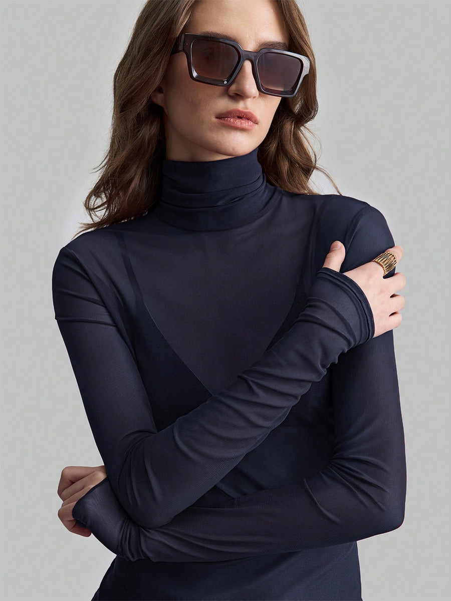 High Neck Long Sleeve Mesh Base Layer Top With Lettuce Edge For Women 2026