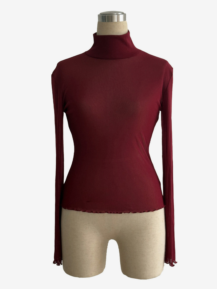 High Neck Long Sleeve Mesh Base Layer Top With Lettuce Edge For Women 2026