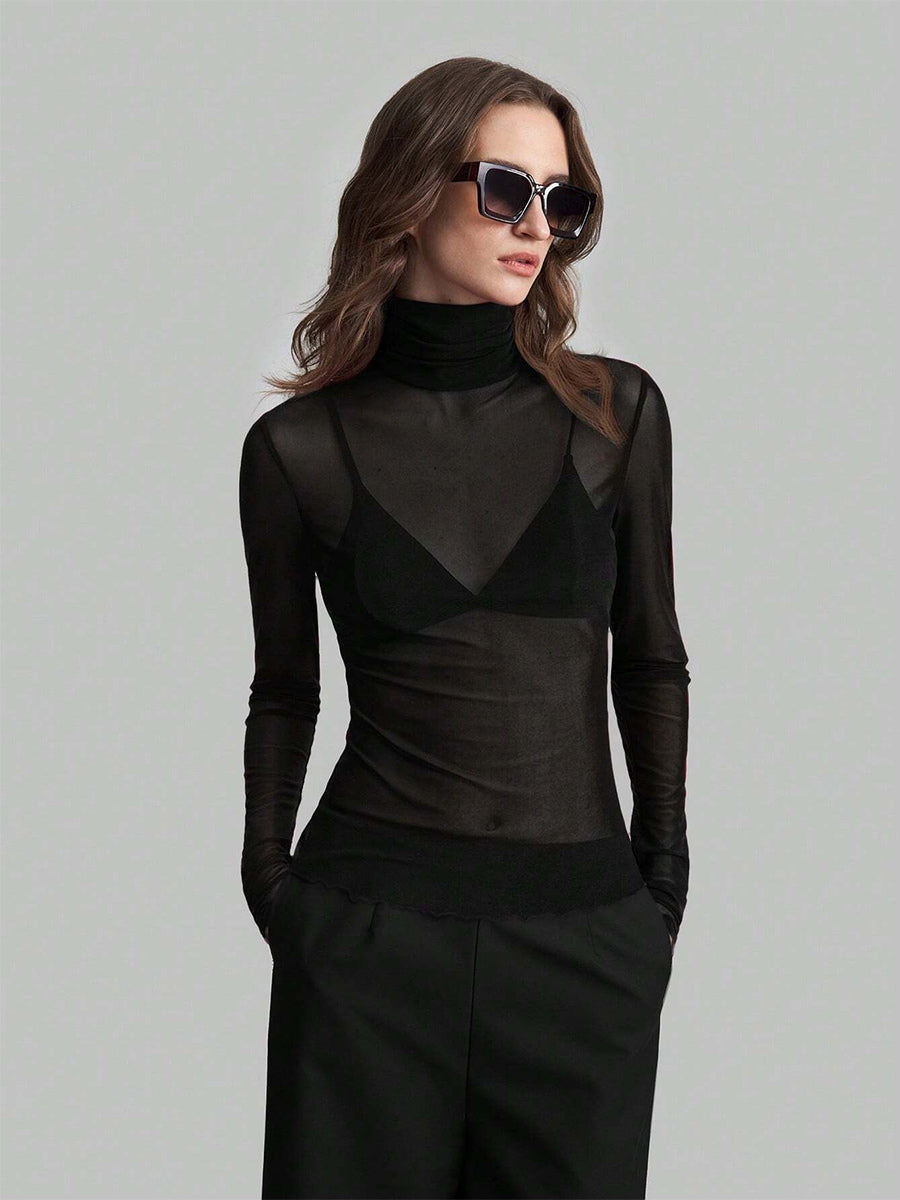 High Neck Long Sleeve Mesh Base Layer Top With Lettuce Edge For Women 2026