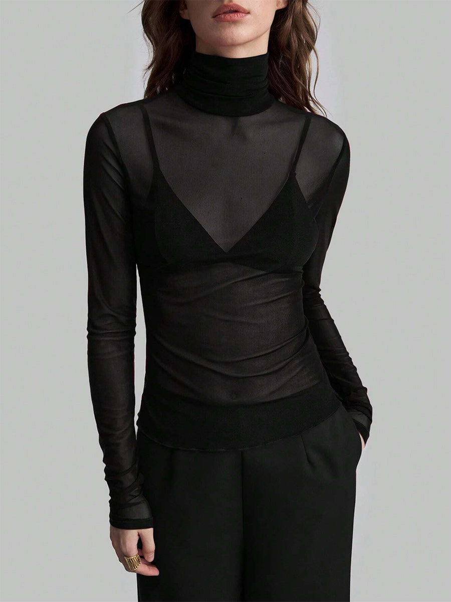 High Neck Long Sleeve Mesh Base Layer Top With Lettuce Edge For Women 2026