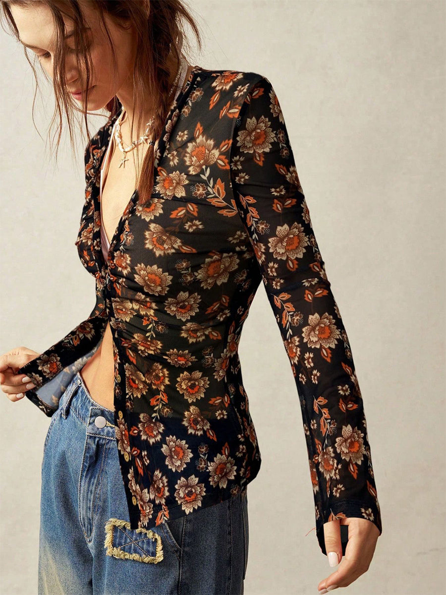 Floral Print Ruched Button Up Long Sleeve Slim Fit Shirt For Women 2026