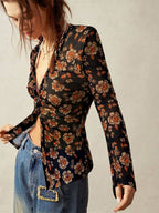 Floral Print Ruched Button Up Long Sleeve Slim Fit Shirt For Women 2026