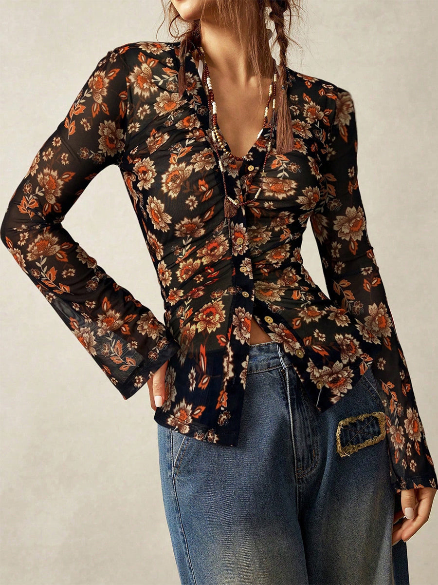 Floral Print Ruched Button Up Long Sleeve Slim Fit Shirt For Women 2026