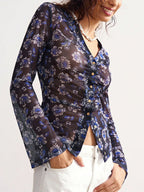 Floral Print Ruched Button Up Long Sleeve Slim Fit Shirt For Women 2026