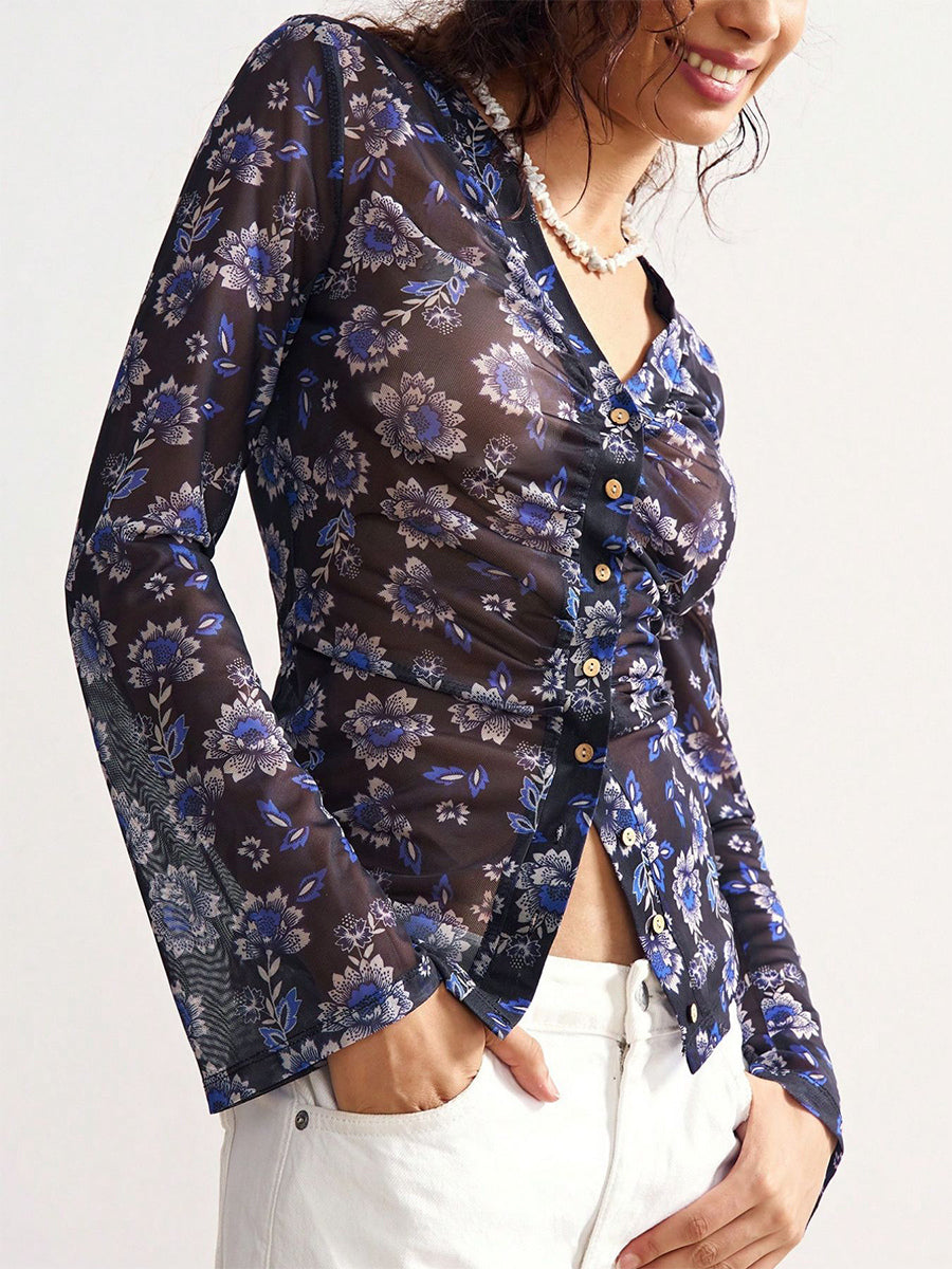 Floral Print Ruched Button Up Long Sleeve Slim Fit Shirt For Women 2026