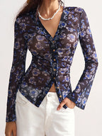 Floral Print Ruched Button Up Long Sleeve Slim Fit Shirt For Women 2026