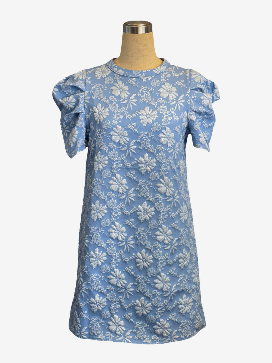 Puff Sleeve Mini Shift Dress for Women - Floral Jacquard Crew Neck Sun Dress - Summer Beach Party 2026