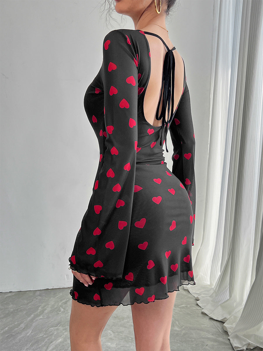 Backless Heart Print Long Sleeve Mini Dress For Women 2026