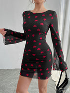 Backless Heart Print Long Sleeve Mini Dress For Women 2026