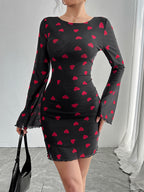 Backless Heart Print Long Sleeve Mini Dress For Women 2026