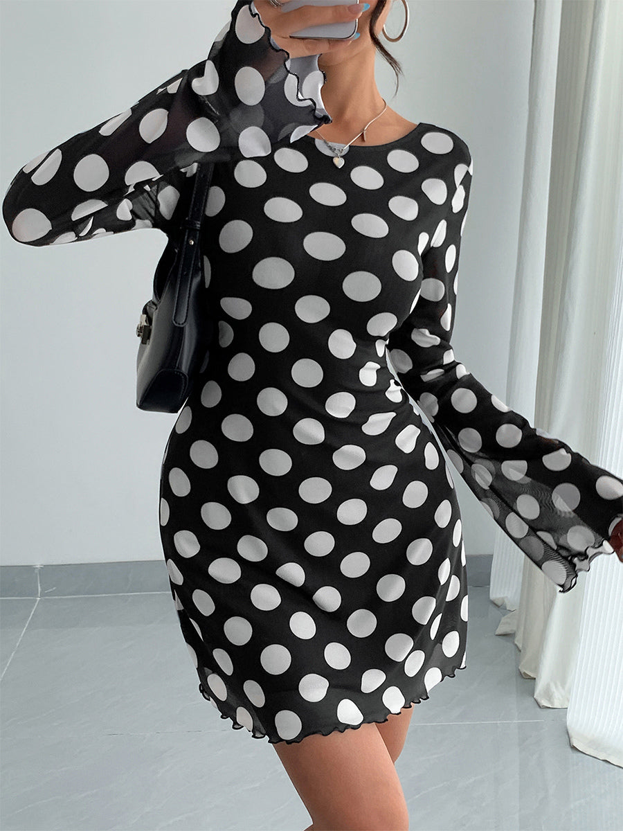 Polka Dot Long Sleeve Backless Slim Fit Mini Dress For Women 2026