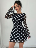 Polka Dot Long Sleeve Backless Slim Fit Mini Dress For Women 2026