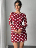 Polka Dot Long Sleeve Backless Slim Fit Mini Dress For Women 2026