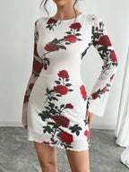 Backless Rose Print Mesh Flare Sleeve Bodycon Mini Dress For Women 2026