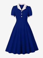 Retro Contrast Lapel Button Up Fit And Flare Midi Dress For Women 2026