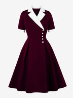 Retro Lapel Side Button Slim Fit Flare A Line Elegant Midi Dress For Women 2026