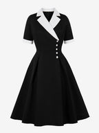 Retro Lapel Side Button Slim Fit Flare A Line Elegant Midi Dress For Women 2026