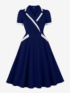 Contrast Trim Lapel Collar Double Pocket A Line Retro Tea Dress For Women 2026