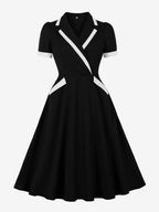 Contrast Trim Lapel Collar Double Pocket A Line Retro Tea Dress For Women 2026