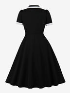 Contrast Trim Lapel Collar Double Pocket A Line Retro Tea Dress For Women 2026